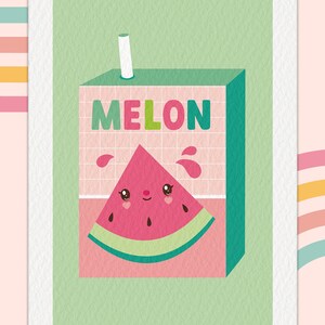 May include: A green and pink cartoon illustration of a juice box with a straw. The juice box has a grid pattern and the word "MELON" printed on it. A smiling watermelon slice with a pink face and black seeds is peeking out of the top of the box.