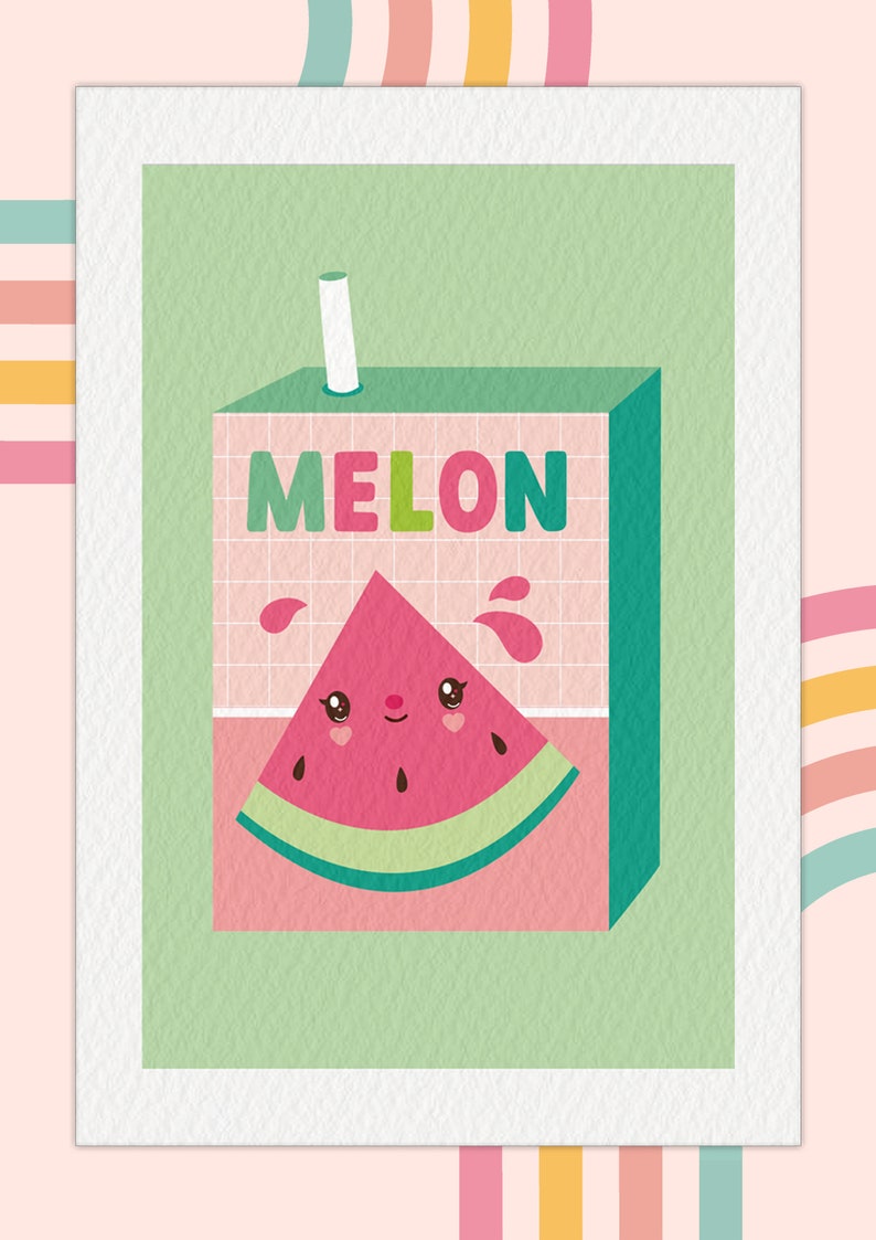 May include: A green and pink cartoon illustration of a juice box with a straw. The juice box has a grid pattern and the word "MELON" printed on it. A smiling watermelon slice with a pink face and black seeds is peeking out of the top of the box.