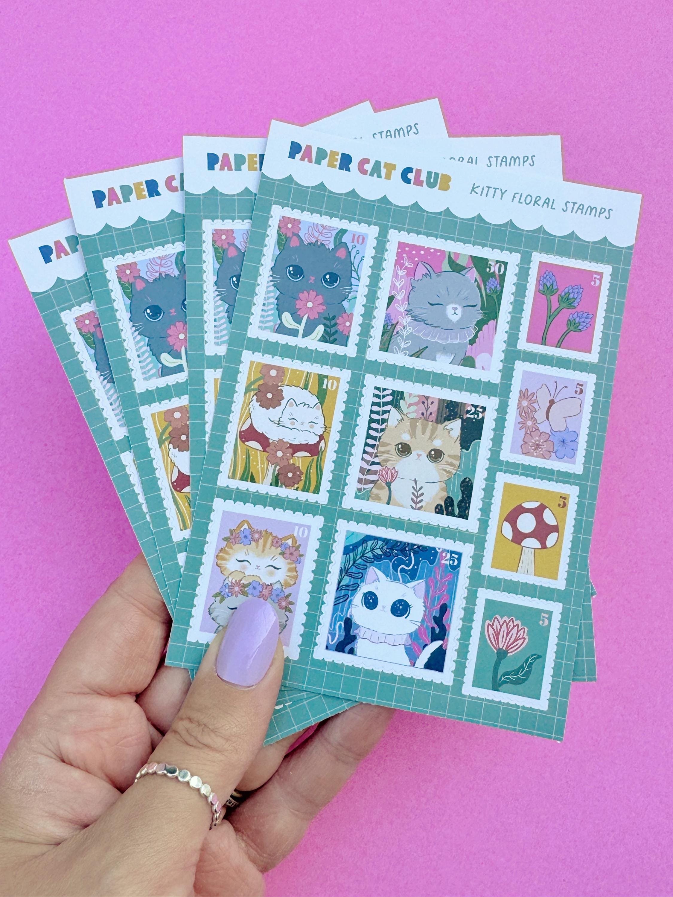 Floral Cat Stamp Sticker Sheet - Cute Floral Planner Stickers, Journal Stickers, Scrapbooking