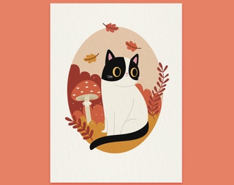 Autumn Cat Art Print -Personalised print - Choose your cat- black and white cat - black cat - grey cat - ginger cat - tabby cat - white cat