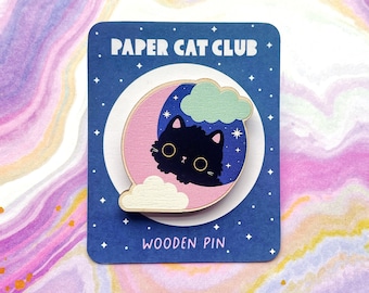 Celestial Cat wooden pin badge cute kawaii pin badge made from sustainable wood