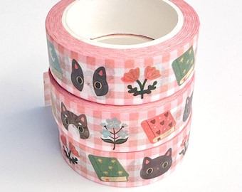 Cat Washi Tape, 10m Pink Gingham Washi Tape for Bullet Journals and Planners