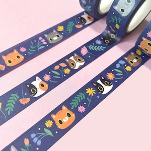 Cute Cat Washi tape - Wildflower Collection - cute flower washi - navy washi tape - journal washi - washi planner tape