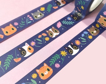 Nastro Washi gatto carino - Collezione Wildflower - washi fiore carino - nastro washi blu scuro - washi diario - nastro pianificatore washi