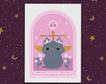 Libra Zodiac Kitty Art print cute star sign print - Astrology art