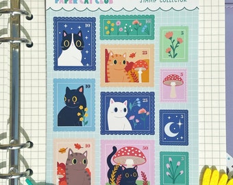 Cat Stamp Stickers - cute and kawaii journal cat stickers - floral stamp shaped planner sticker sheet