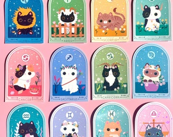 Zodiac Cat Sparkle Sticker – Kawaii Astrology Gift for Cat Lovers