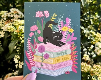 You're the cats Whiskers Greeting Card, Book lover Birthday card, Black Cat Lover Card, Eco-Friendly greeting card, Cat Gift