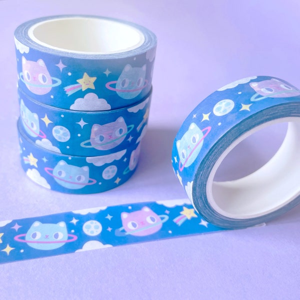 Space Cat washi tape. Cute Kawaii washi tape for scrapbooking, journal spreads and crafts.