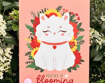 White Cat Mother's Day Card | Floral Mum Birthday Card | Cat Mum Gift