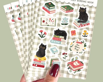 Cozy Reading Nook A6 Sticker Sheet - Cute Cat & Book Planner Stickers
