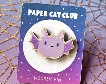 Wooden cute kawaii bat pin badge - sustainable wood- halloween pin, cute pin