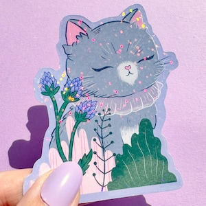 Linda pegatina holográfica de vinilo brillante de Zen Kitty