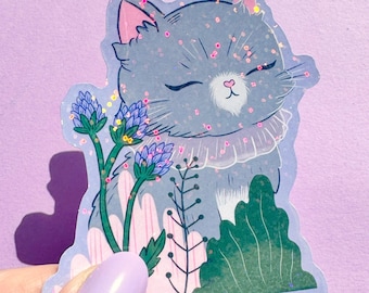 Cute Zen Kitty sparkly holographic vinyl sticker