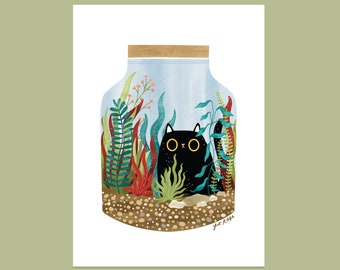 Impression d'art chat noir Purrarium - impression d'art kawaii mignonne - impression d'art chat de terrarium - décoration murale chat et plantes