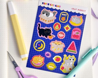 Cute Fruit Market Cat Sticker Sheet – Kawaii Matte Vinyl Planner Stickers for Bullet Journals & Scrapbooks