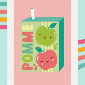 May include: A cartoon illustration of a green and red apple juice box with a straw. The box has the word "POMME" written on it in a stylized font. The apples have smiling faces.