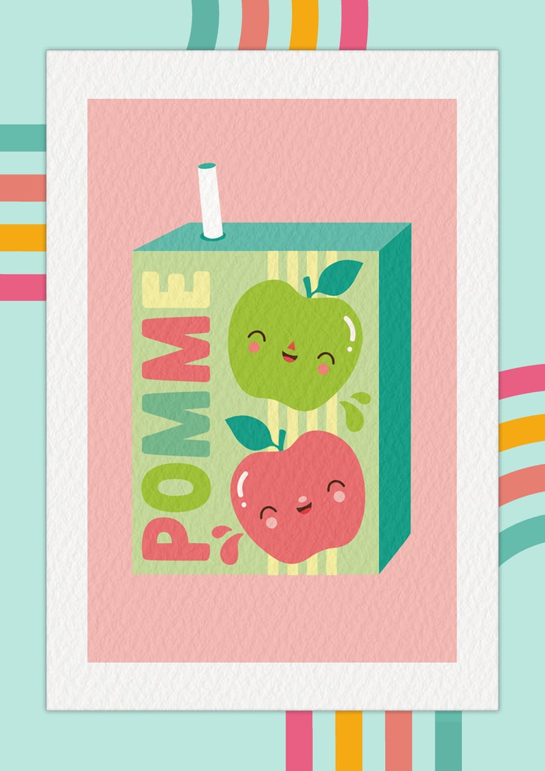 May include: A cartoon illustration of a green and red apple juice box with a straw. The box has the word "POMME" written on it in a stylized font. The apples have smiling faces.