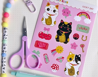 Cute Lucky Cat Sticker Sheet – Kawaii Matte Vinyl Planner Stickers for Bullet Journals & Scrapbooks