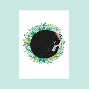 Sleeping Cat Art Print - curled up black cat art - cat home decor - cute cat art illustration