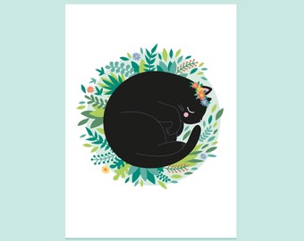 Sleeping Black Cat Art Print: Floral Cat Home Decor