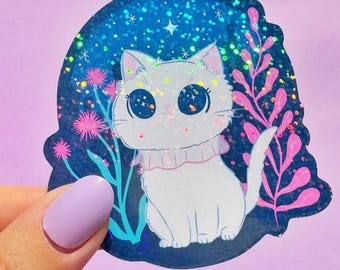Kawaii White Cat Stargazer Sticker: Holographic Laptop Decal
