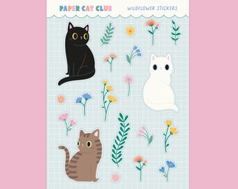 Wildflower cat Sticker Sheet - cute and kawaii journal cat stickers - plant journal cat bullet journal