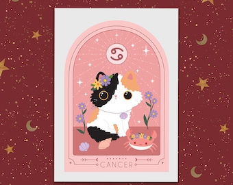 Cancer Zodiac Cat Art Print: Kawaii Astrology Gift