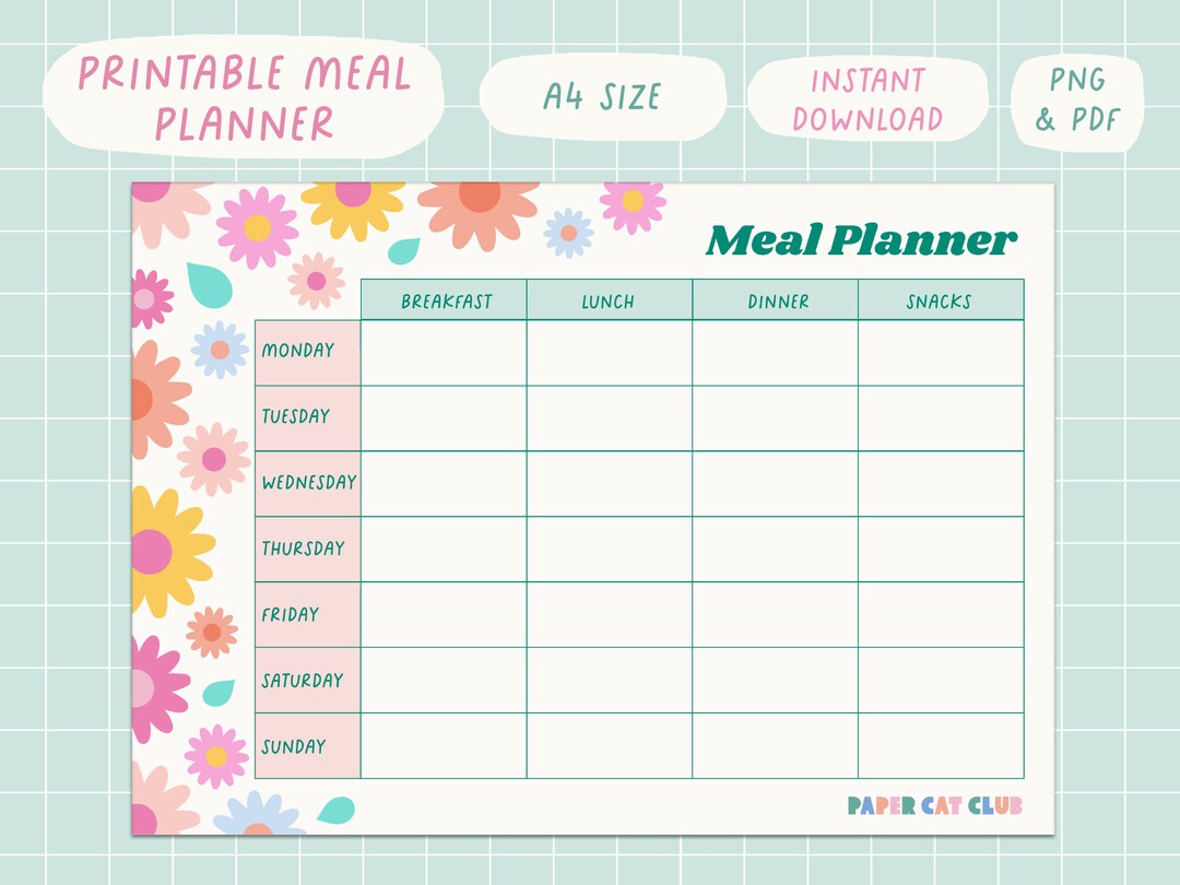 Meal Planner Printable Instant Download - Cute Flower Theme- Download ...