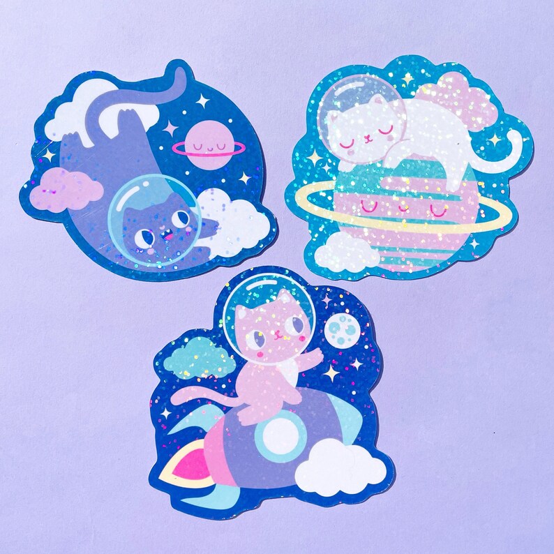 Space Cat Glitter Stickers: Cosmic Kitty Vinyl Decals - Etsy