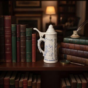May include: A cream-coloured ceramic beer stein with a hinged lid and a blue embossed landscape scene featuring a castle. The stein is positioned on a wooden shelf between rows of vintage hardcover books, accompanied by a magnifying glass and inkwell.