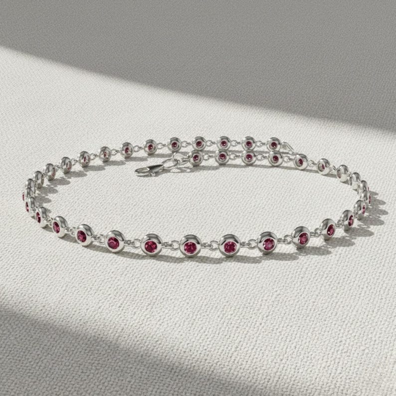 Ruby Bracelet / Silver Bezel Setting Ruby Tennis Bracelet/ Multi-stone Ruby Layering Bracelet / July Birthstone Gift, Gift for Her