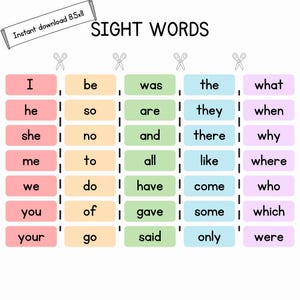 Puede incluir: Una hoja educativa imprimible titulada SIGHT WORDS que presenta cinco columnas de palabras en cajas rectangulares de colores. Cada columna está separada por líneas discontinuas e iconos de tijeras negras. Las palabras incluyen I, he, she, me, we, you, your, be, so, no, to, do, of, go, was, are, and, all, have, gave, said, the, they, there, like, come, some, only, what, when, why, where, who, which y were.