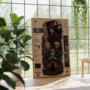 May include: A rectangular poster featuring Hellsing anime artwork with a central illustration of characters in red and black tones. The design includes the text Hellsing, a handgun graphic, and a vertical column of character portraits on the right side.