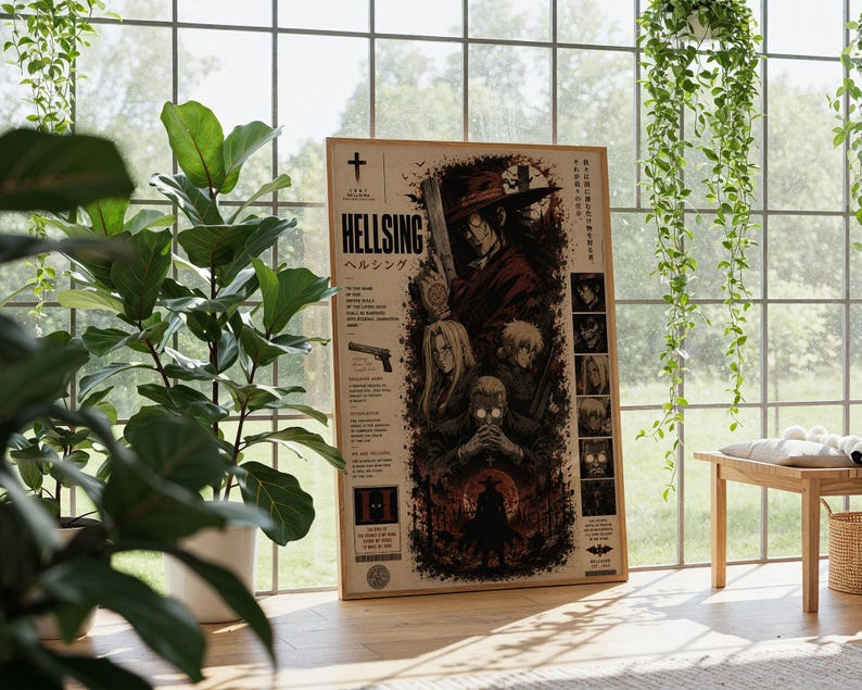 May include: A rectangular poster featuring Hellsing anime artwork with a central illustration of characters in red and black tones. The design includes the text Hellsing, a handgun graphic, and a vertical column of character portraits on the right side.