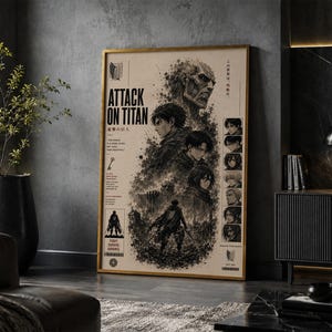 Könnte beinhalten: Ein vertikales Poster mit Attack on Titan-Grafiken in schwarzer Tinte auf beigem Hintergrund. Das Design umfasst den Titel, Charakterporträts, eine große Titanenfigur und Textelemente wie 'The world is cruel, but also very beautiful'.