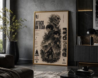 Póster de Attack on Titan: Lámina de arte minimalista vintage de anime y manga.