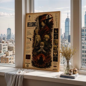 May include: A rectangular framed poster featuring Hellsing anime artwork with a central character in a red hat, multiple smaller character portraits, and Japanese and English text. The poster has a cream background with dark red and black accents.