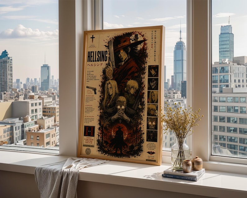May include: A rectangular framed poster featuring Hellsing anime artwork with a central character in a red hat, multiple smaller character portraits, and Japanese and English text. The poster has a cream background with dark red and black accents.