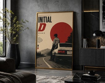 Póster de Initial D: Lámina de arte minimalista vintage de anime y manga.