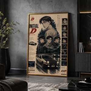 May include: A vertical poster featuring the anime Initial D with a beige background, black and white illustrations of a young man, a white Toyota AE86 car, and Japanese text. The design includes multiple character portraits and a car speedometer.