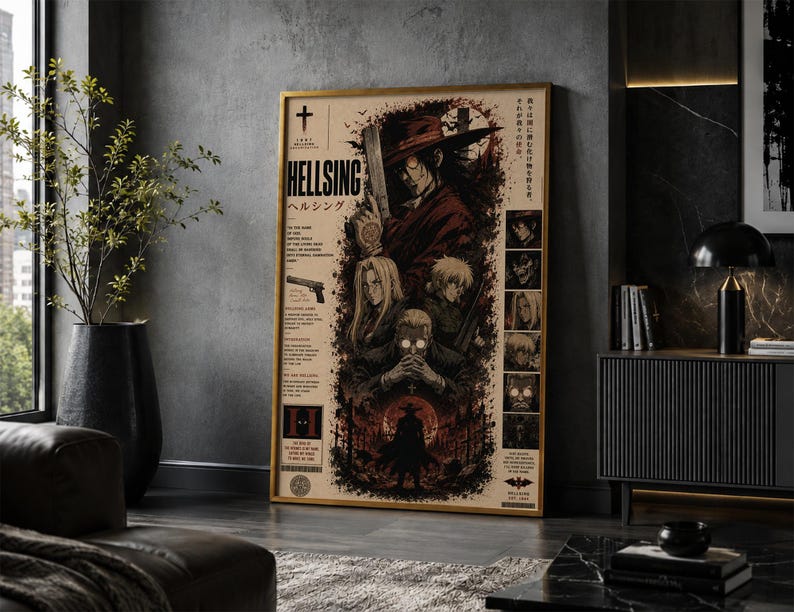 May include: A vertical poster featuring Hellsing anime artwork with a central character in a wide-brimmed hat and glasses, surrounded by secondary characters, a silhouette of a figure against a red moon, and Japanese and English text.
