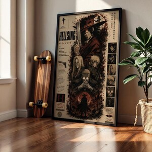 May include: A framed Hellsing anime poster featuring a central illustration of Alucard in a red coat and hat, surrounded by secondary character portraits, Japanese text, and a silhouette of a figure standing in a graveyard under a red moon.