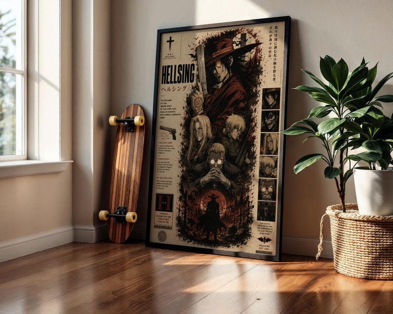 May include: A framed Hellsing anime poster featuring a central illustration of Alucard in a red coat and hat, surrounded by secondary character portraits, Japanese text, and a silhouette of a figure standing in a graveyard under a red moon.