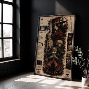 May include: A framed Hellsing anime poster featuring a central illustration of Alucard in a red coat and hat, alongside other characters, a handgun, and Japanese text. The poster has a cream-colored background with dark red and black ink details.