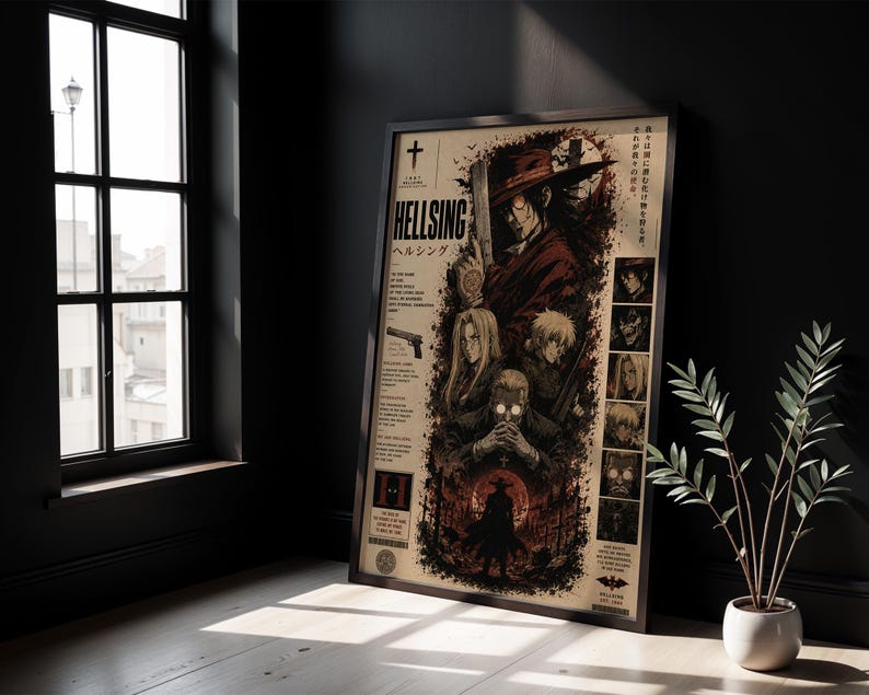 May include: A framed Hellsing anime poster featuring a central illustration of Alucard in a red coat and hat, alongside other characters, a handgun, and Japanese text. The poster has a cream-colored background with dark red and black ink details.