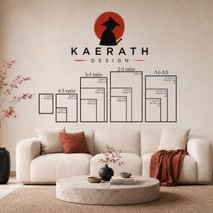 May include: A wall graphic displaying the KAERATH DESIGN logo with a samurai silhouette above a series of black rectangular outlines representing various print aspect ratios and sizes in inches and centimeters for wall art framing options.