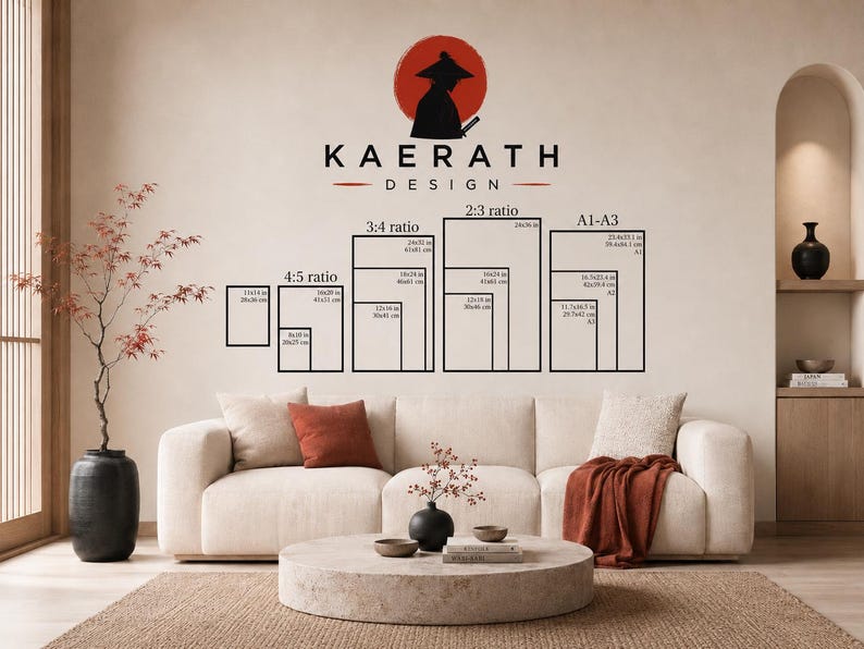 May include: A wall graphic displaying the KAERATH DESIGN logo with a samurai silhouette above a series of black rectangular outlines representing various print aspect ratios and sizes in inches and centimeters for wall art framing options.