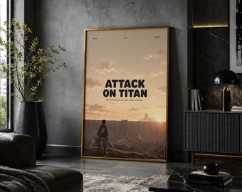 Póster de Attack on Titan: Lámina de arte minimalista vintage de anime y manga.