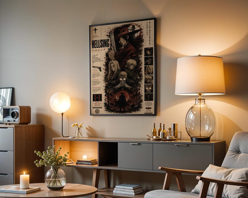 May include: A framed Hellsing poster featuring dark, detailed character illustrations and Japanese text, displayed on a wall above a gray console table. The artwork includes a central figure in a red coat, a handgun, and various smaller character portraits.